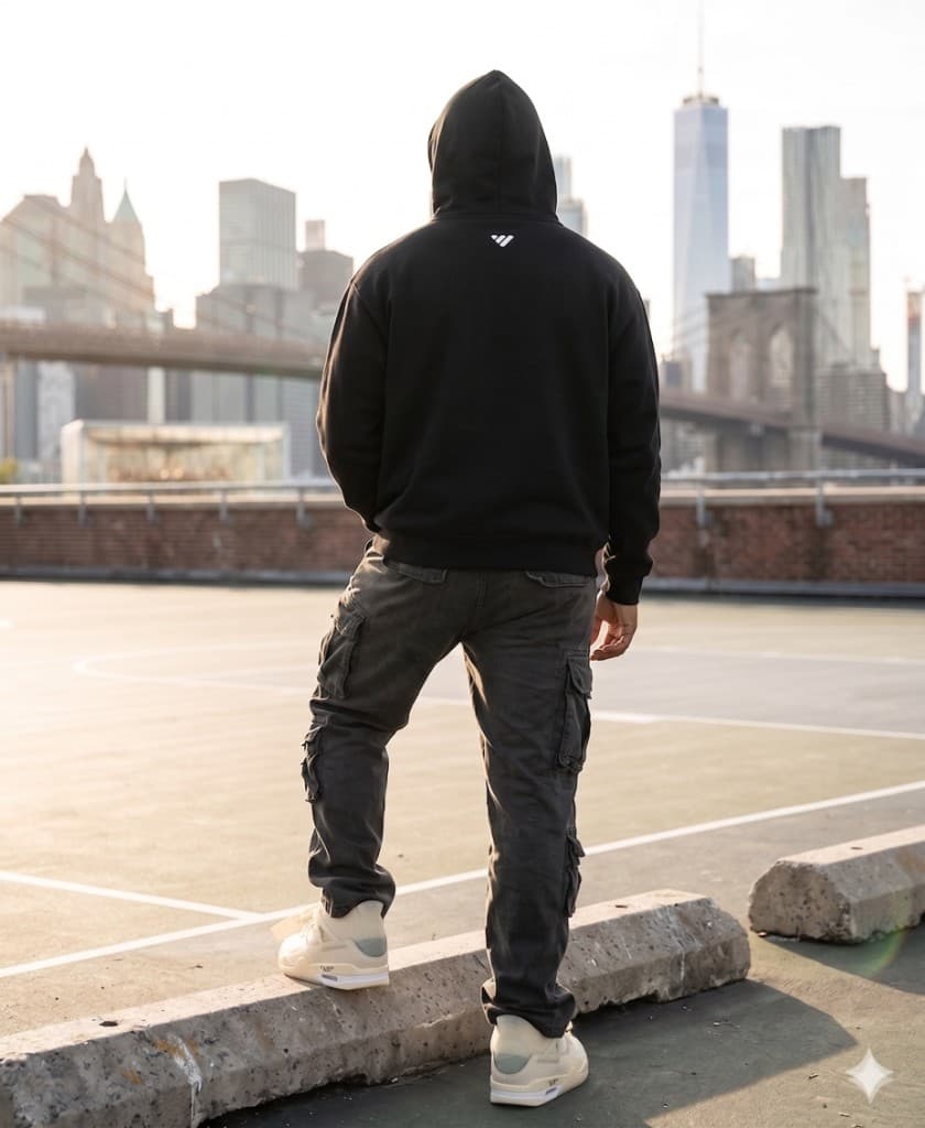 Building Hoodie — worn, back